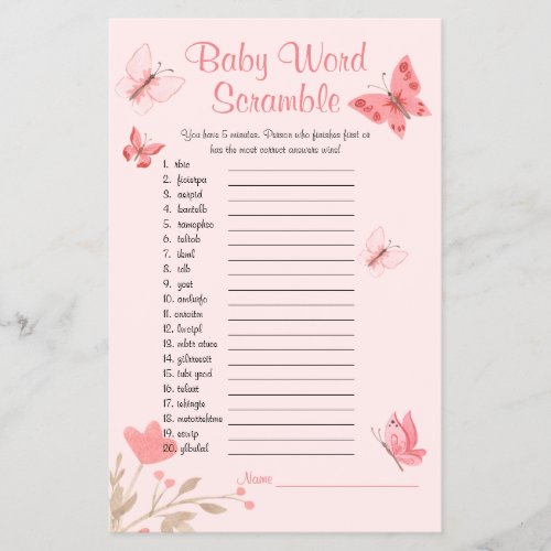 Word Scramble Pink Butterflies Baby Shower Game Flyer