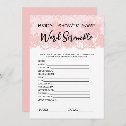 Word Scramble Pink Lace Bridal Shower Game Invitation