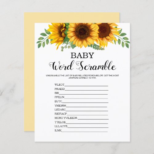 Word Scramble Sunflower Baby Shower Game