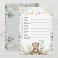 Word Scramble Teddy Bear Greenery Baby Shower Game
