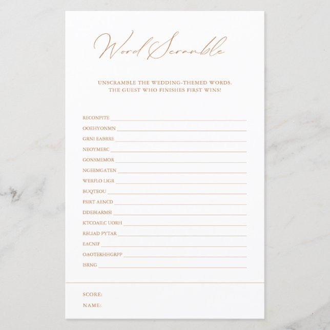 Word Scramble White Elegant Bridal Shower Game (Front)