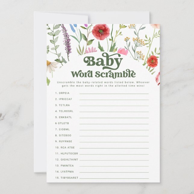 Word Scramble Wildflower Baby Shower Game Card (Front)
