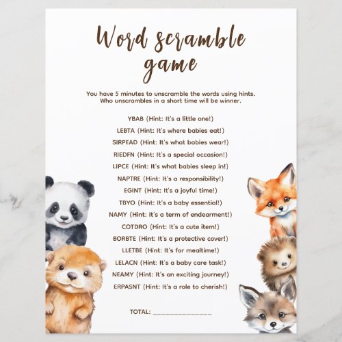 Word Scramble Woodland Animals Baby Shower Game