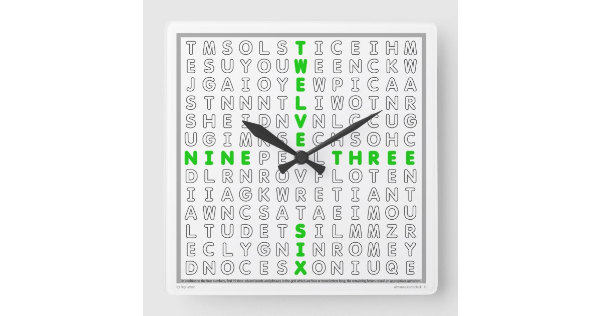 Word Search Clock with downloadable puzzle (green) Zazzle