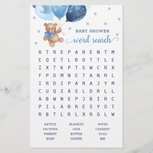 Word Search Game Baby Shower Teddy Bear 