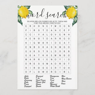 Word search gold lemons bridal shower game invitation