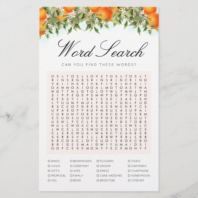 Word Search Oranges Game Bridal Shower Card (Front)