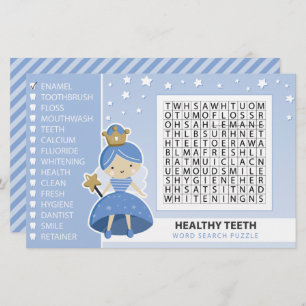 Word Search Puzzle. Tooth Fairy Party Game