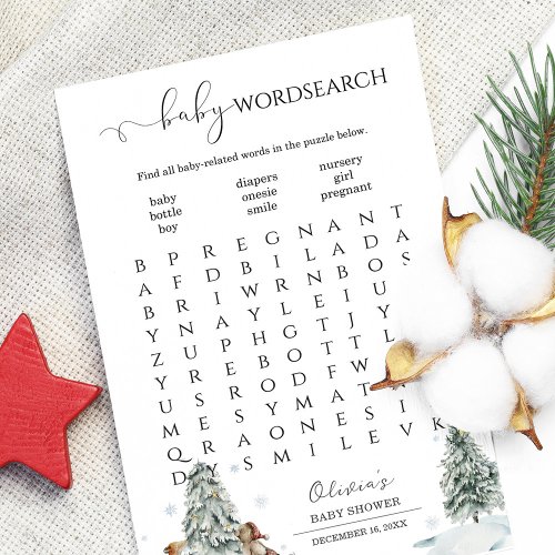 Word Search Winter Woodland Baby Shower Game