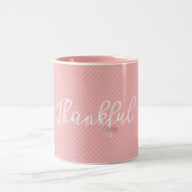 word thankful on pink embossed pattern Two-Tone coffee mug (Center)