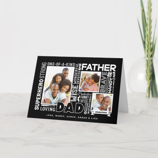 Words For #1 Dad Father's Day Photo Collage Black Card (Front)