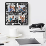 Words For #1 Dad Father's Day Photo Collage Black Square Wall Clock<br><div class="desc">Celebrate your special and wonderful father in your life with our memorable and unique words for dad, father's day black clock. The design features a collage of different words for dad combined with a four photo layout to display your own special family photos. Black background with the words displayed in...</div>