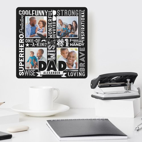 Words For 1 Dad Fathers Day Photo Collage Black Square Wall Clock