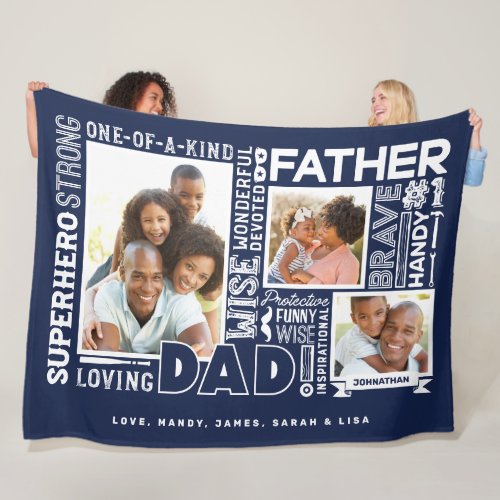 Words For 1 Dad Fathers Day Photo Collage Navy Fleece Blanket