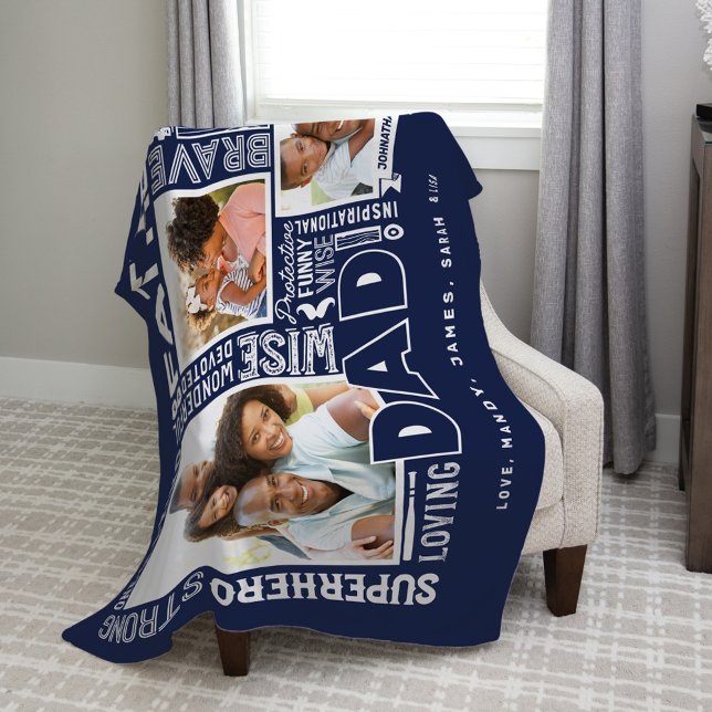 Words For #1 Dad Father's Day Photo Collage Navy Fleece Blanket (Creator Uploaded)
