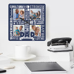 Words For #1 Dad Father's Day Photo Collage Navy Square Wall Clock<br><div class="desc">Celebrate your special and wonderful father in your life with our memorable and unique words for dad, father's day navy clock. The design features a collage of different words for dad combined with a four photo layout to display your own special family photos. Navy background with the words displayed in...</div>