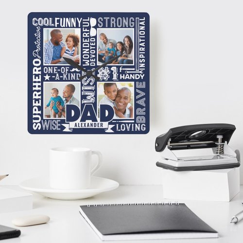 Words For 1 Dad Fathers Day Photo Collage Navy Square Wall Clock