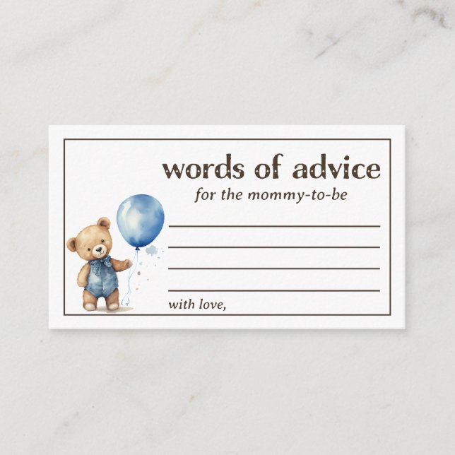 Words of Advice Teddy Bear Baby Boy Shower Enclosure Card (Front)