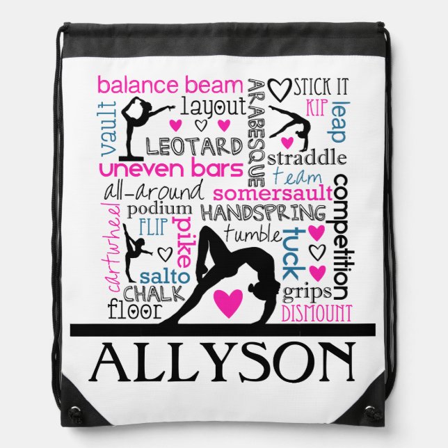 Words of Gymnastics Terminology w/ Monogram Drawstring Bag (Front)