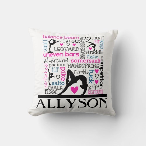 Words of Gymnastics Terminology w Monogram Throw Pillow