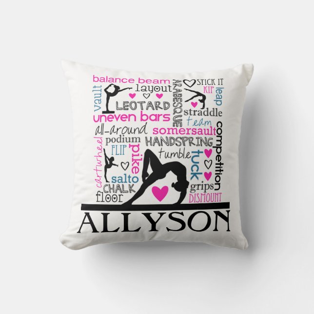 Words of Gymnastics Terminology w/ Monogram Throw Pillow (Front)