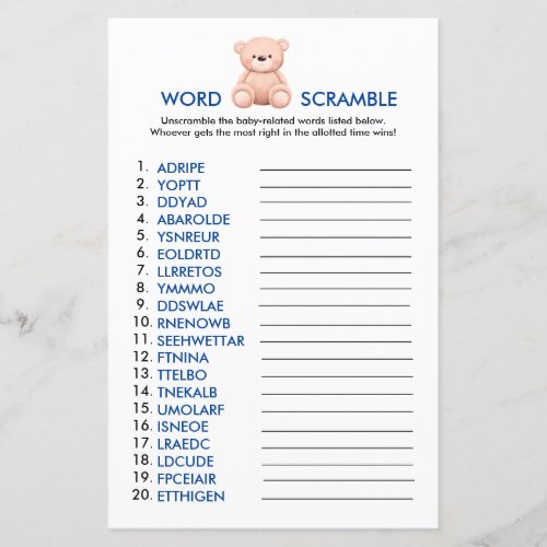 Words Scramble  Teddy Bear Baby Boy Shower Games
