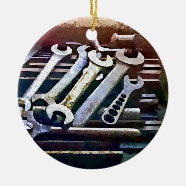 Work Bench in Machine Shop Ceramic Ornament (Front)