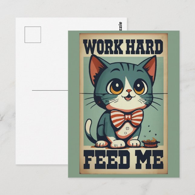 Work Hard Old Vintage Cat Postcard (Front/Back)