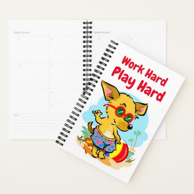 "Work Hard Play Hard" Funny Beach Dog Journal Planner (Display)