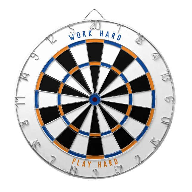 "WORK HARD PLAY HARD" Game Room Black/Blue/Orange  Dart Board (Front)