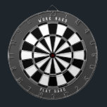 "WORK HARD PLAY HARD" Grayscale Black Dart Board<br><div class="desc">Work hard then play hard with this dartboard. Great for your home office or office building. This design features a monotone grayscale color scheme with black, gray, and white sections of the dartboard, with a dark gray rim and white text that says "WORK HARD PLAY HARD" (can be customized with...</div>