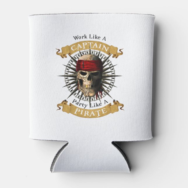 Work Like A Captain Party Like A Pirate Skull Joll Can Cooler (Front)