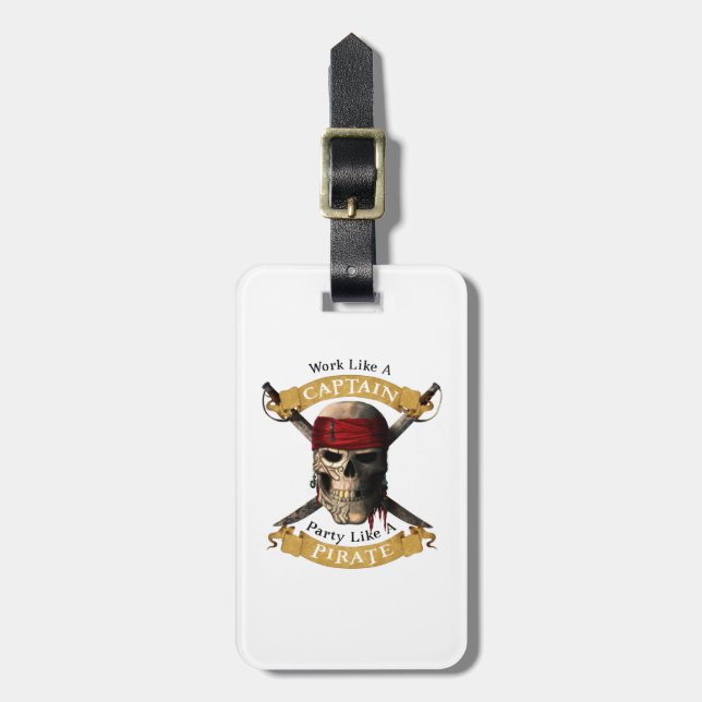 Work Like A Captain Party Like A Pirate Skull Joll Luggage Tag (Front Vertical)