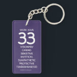 "Work your 33" Numerology Key Chain for Number 33<br><div class="desc">A fun list/reminder of some of the best qualities of those who are an "33 life path", numerologically-speaking. These life path key chains are a wonderful way to celebrate yourself and to "bring out your best". Makes a cute gift for all the "33s" in your life. To calculate your numerology...</div>