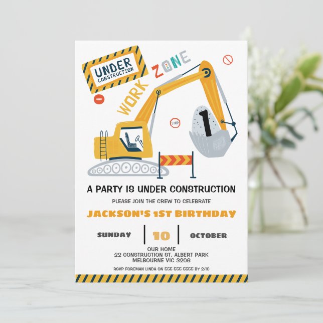 Work Zone Excavator Under Construction Birthday Invitation (Standing Front)