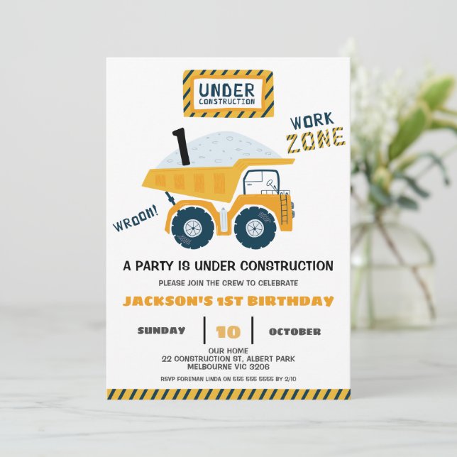 Work Zone Truck Under Construction Birthday  Invitation (Standing Front)