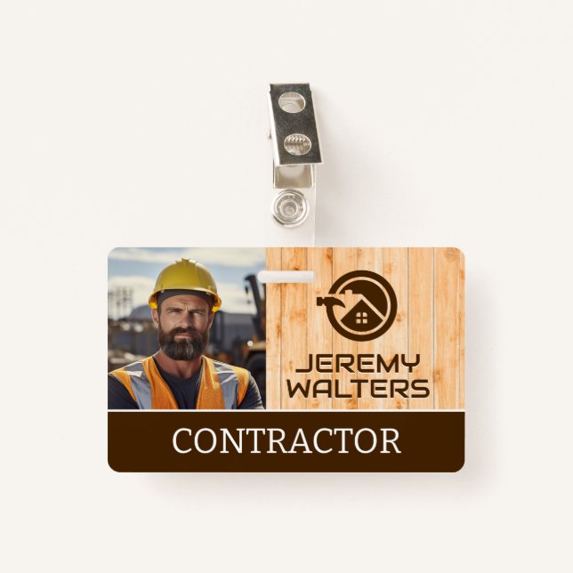 Worker at Construction Site | Wood Badge (Front with Clip)