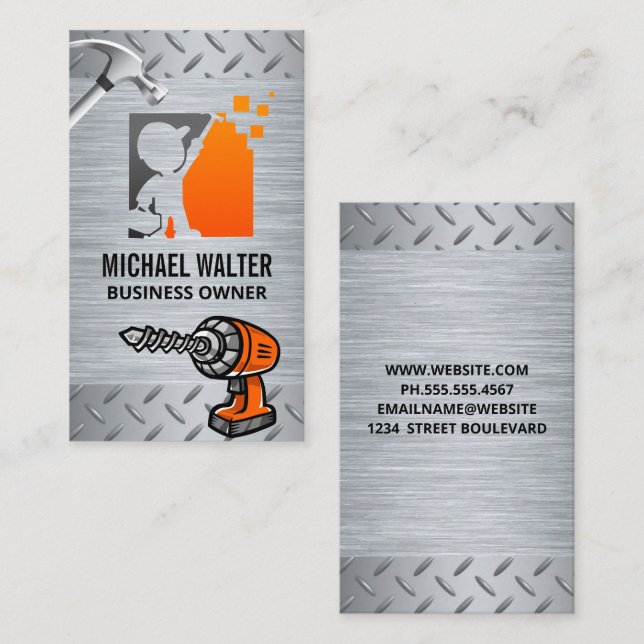 Worker Logo | Metal Drill Hammer Business Card (Front/Back)