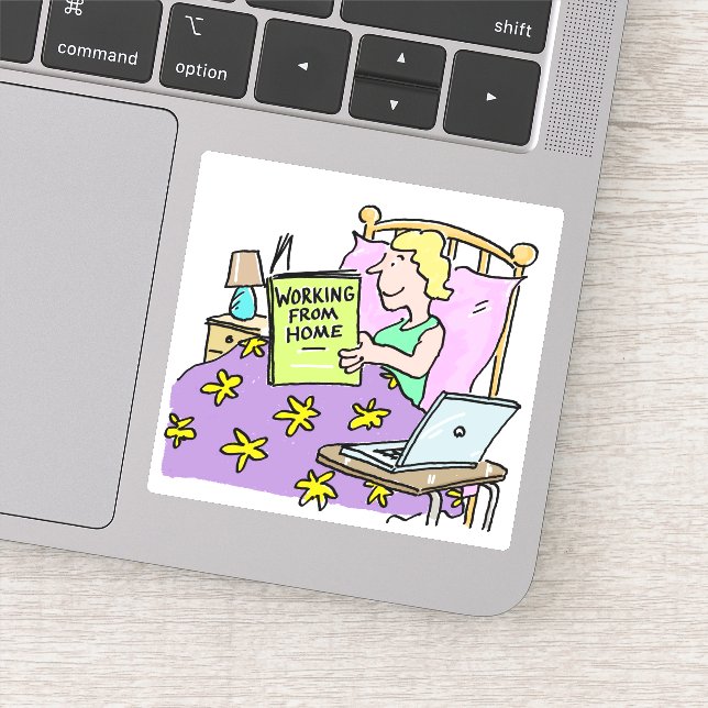 Working from Home. Girl Working from her Bed. Sticker (Detail)
