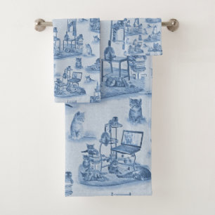 Working from Home with my Cats two-tone Delft Blue Bath Towel Set