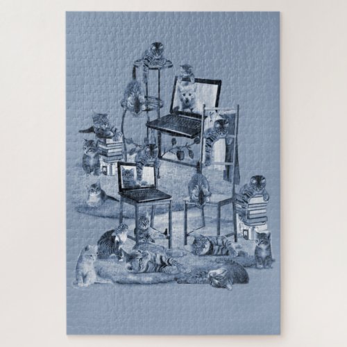 Working from Home with my Cats two_tone Delft Blue Jigsaw Puzzle