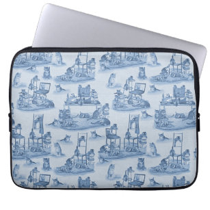Working from Home with my Cats two-tone Delft Blue Laptop Sleeve