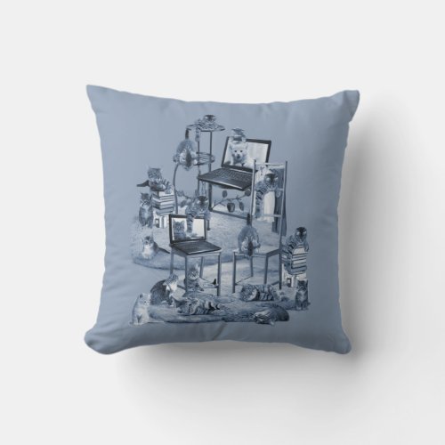 Working from Home with my Cats two_tone Delft Blue Throw Pillow