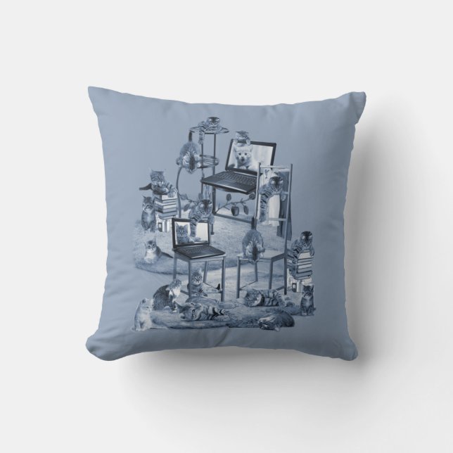 Working from Home with my Cats two-tone Delft Blue Throw Pillow (Front)