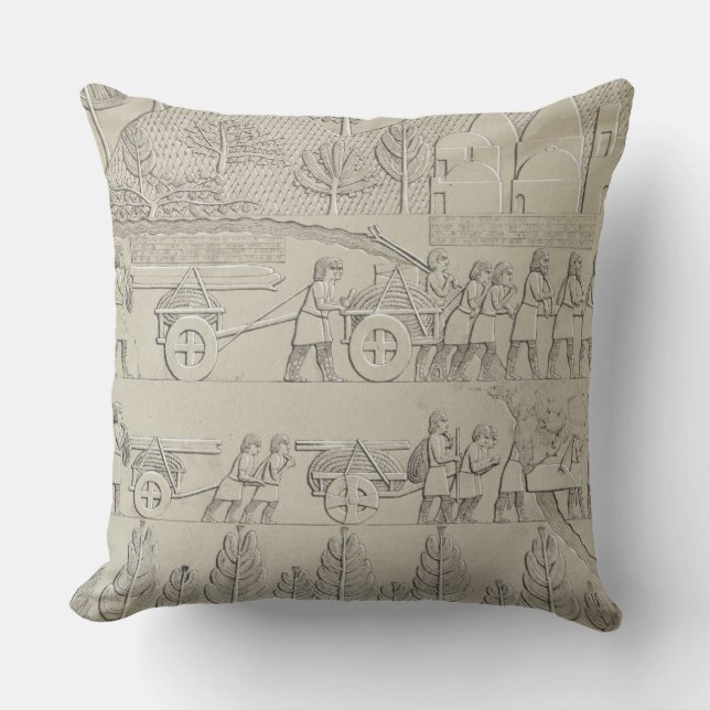 Workmen with implements and ropes for moving a Win Throw Pillow (Front)