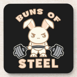 Workout Bunny Cartoon - Buns Of Steel - Funny Gym Beverage Coaster