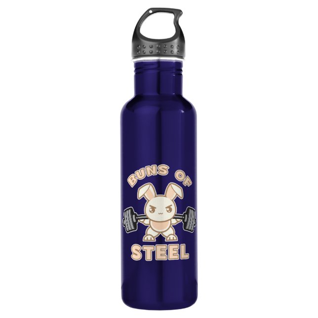 Workout Bunny Cartoon - Buns Of Steel - Funny Gym Stainless Steel Water Bottle (Front)