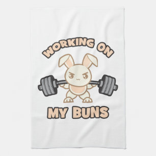 Workout Bunny Cartoon - Working On My Buns - Gym Kitchen Towel