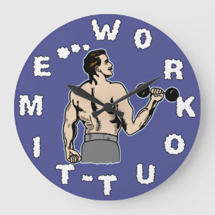 Workout Time Weightlifting Gym Retro White Man Large Clock