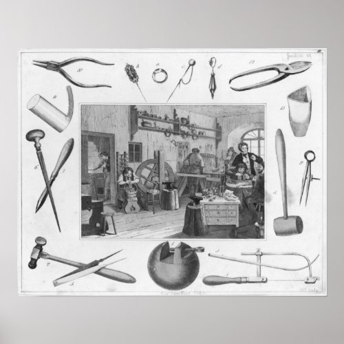 Workshop and main tools of jewellery 1810 poster